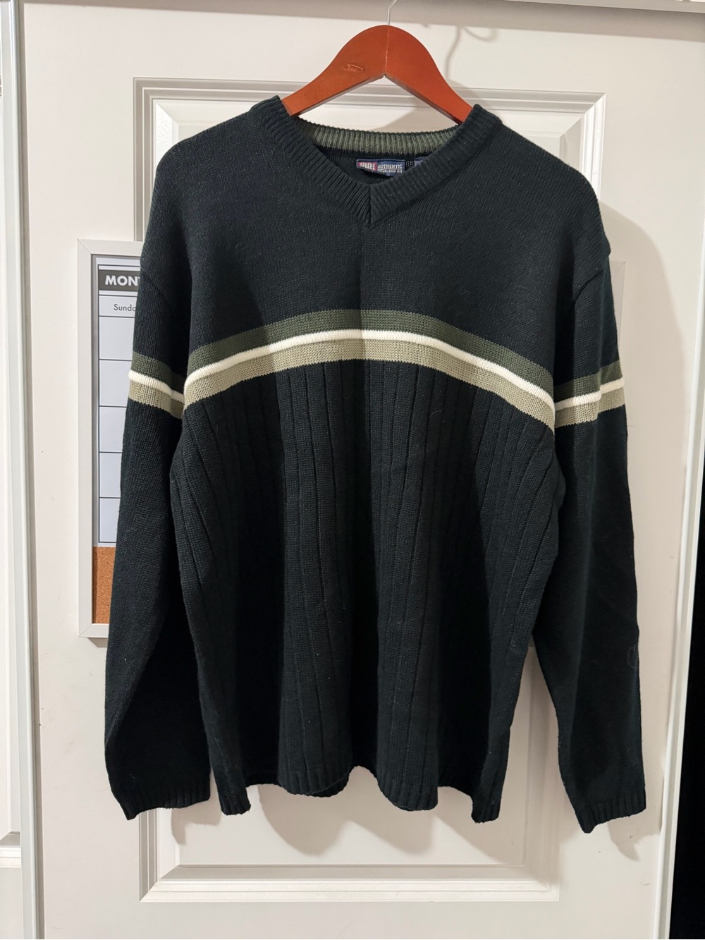 Faded Glory Black V-Neck Sweater with Olive and Cream Stripes